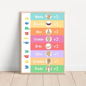 Étapes de Wudu en français pour enfants | Guide d'ablution islamique coloré imprimable | Art mural musulman amusant et éducatif pour enfants | Téléchargement instantané