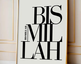 Bismillah moderne minimalistische muur kunst islamitische afdrukbare Arabische digitale download zwart-wit interieur islamitische muur kunst moslim cadeau