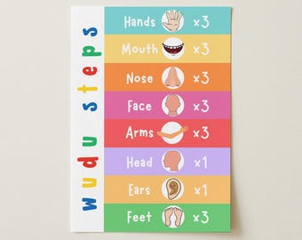 Peut inclure: Une affiche éducative rectangulaire intitulée Wudu steps en lettres colorées. Elle présente des lignes horizontales avec des icônes pour les mains, la bouche, le nez, le visage, les bras, la tête, les oreilles et les pieds, avec un multiplicateur.