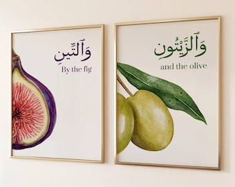 May include: Two framed art prints. One features a watercolor fig with text "By the fig" and Arabic script. The other shows olives and a leaf with text "and the olive" and Arabic script. Both are in gold frames.