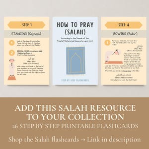 Op de afbeelding: Drie educatieve flashcards getiteld How to Pray (Salah) met stapsgewijze instructies. Stap 1 toont de staande houding met tekst en een figuur. De middelste kaart bevat een illustratie van een gebedskleed. Stap 4 beschrijft het buigen met tekst.