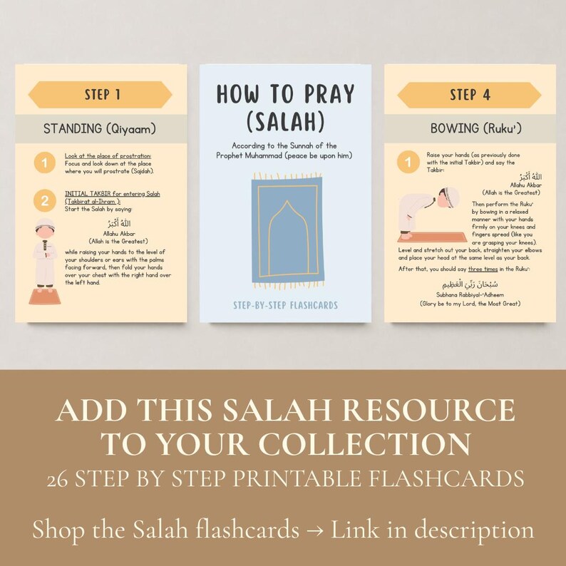 Op de afbeelding: Drie educatieve flashcards getiteld How to Pray (Salah) met stapsgewijze instructies. Stap 1 toont de staande houding met tekst en een figuur. De middelste kaart bevat een illustratie van een gebedskleed. Stap 4 beschrijft het buigen met tekst.