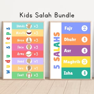 Ensemble d'art mural islamique Wudu et Salah pour enfants musulmans, ensemble d'affiches de prière éducatives imprimables, guide des cinq prières quotidiennes, professeur d'islam Wudu