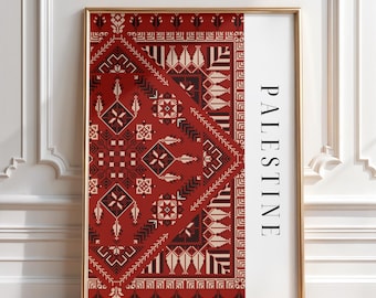 Palestyńska sztuka ścienna Tatreez Palestyna Haftowany plakat Czerwony wydruk kulturowy Pobieranie cyfrowe Nowoczesny wystrój palestyński Dziedzictwo Wydrukowana sztuka