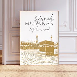 Cartão personalizado para impressão de Umrah Mubarak com nome personalizado, arte de parede islâmica personalizada para Umrah, presente personalizado para Umrah, pôster islâmico para Umrah, presente muçulmano