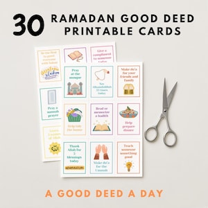 Ramadan-kaarten met goede daden voor kinderen Afdrukbare islamitische activiteit 30 dagelijkse goede daden digitale download Moslim leren familieplezier Ramadan-kalender