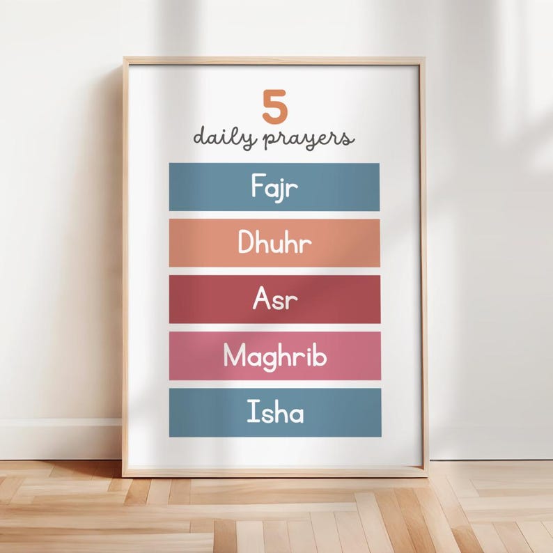 5 Daily Prayers Islamic Poster Muslim Kids Wall Art Salah Chart Fajr ...