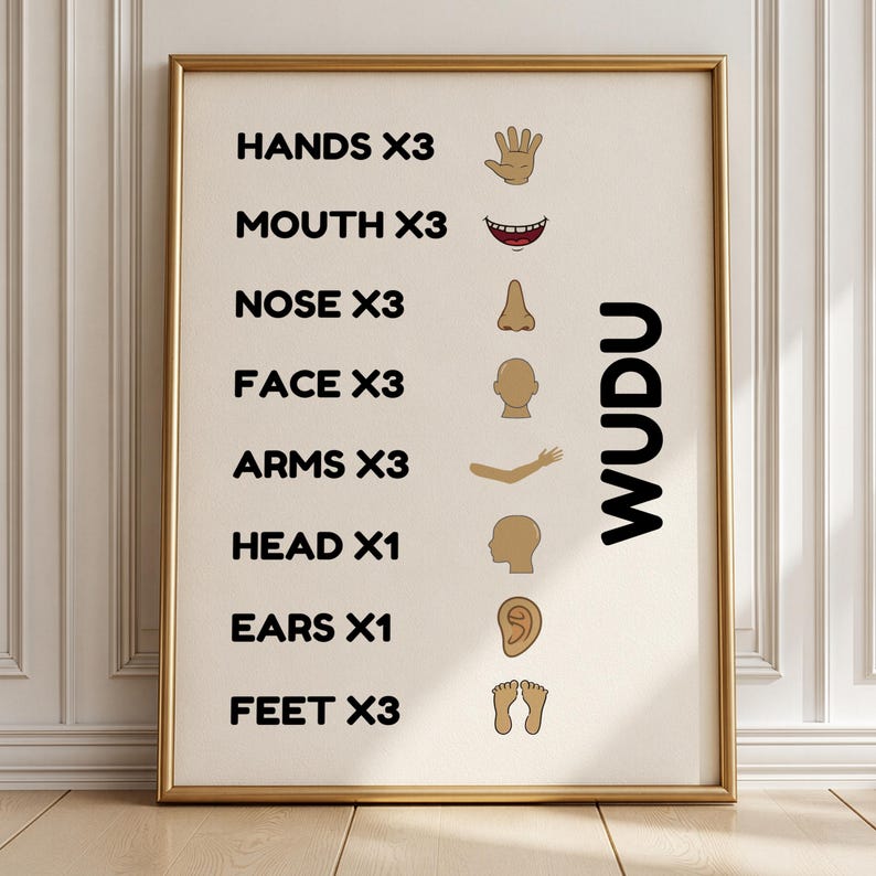 Wudu steps poster for kids featuring Islamic ablution guide with simple icons and repetition counts. Digital printable Islamic wall art for children. Perfect for Muslim kids learning wudu. Great for bathroom or prayer area decor. Minimalist and educational Muslim kids room print. Islamic homeschooling resource. Helps children memorize steps of making wudu easily. Printable wudu chart for Muslim parents and Islamic teachers.