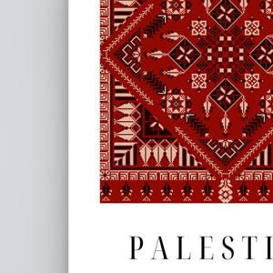 Digital wall art featuring a traditional Palestinian Tatreez embroidery pattern in vibrant red and black. The intricate geometric design symbolizes Palestinian cultural heritage, with the word "Palestine" elegantly displayed below.