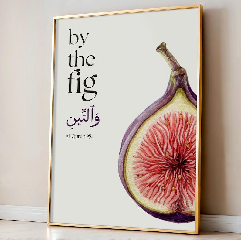 Islamic wall art set featuring Quran verse botanical prints of fig, olive, date palm, and pomegranate with Arabic calligraphy. Modern minimalist Muslim home décor printable bundle. Elegant Quran-inspired digital art perfect for living rooms, prayer spaces, or Islamic gifts. Arabic fruit illustration posters celebrating the beauty of Allah’s creation. Faith-based wall art set for modern Muslim households, Eid gifts, and spiritual interior design.