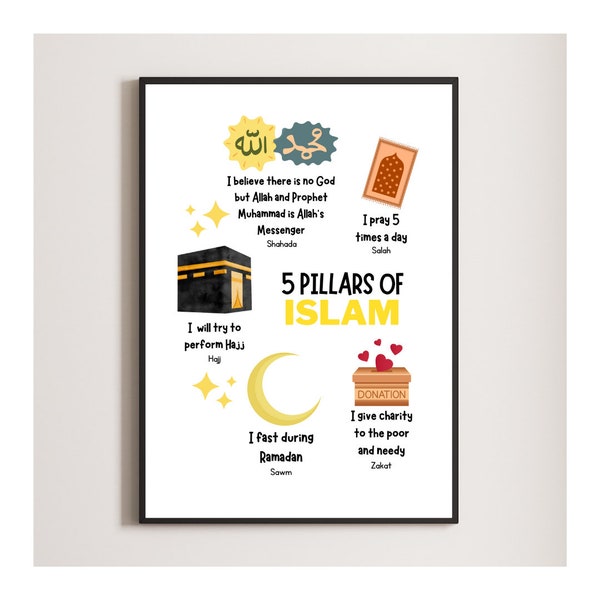5 Pillars of Islam Wall Art Printable - Kids Islamic Educational Poster, Muslim Nursery Decor, Muslim Homeschool, Ramadan, Salah, Hajj