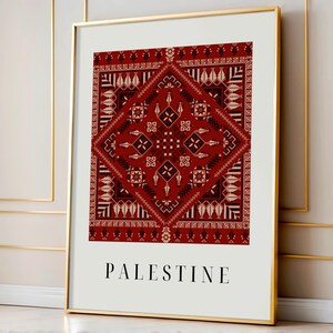 Digital wall art featuring a traditional Palestinian Tatreez embroidery pattern in vibrant red and black. The intricate geometric design symbolizes Palestinian cultural heritage, with the word "Palestine" elegantly displayed below.