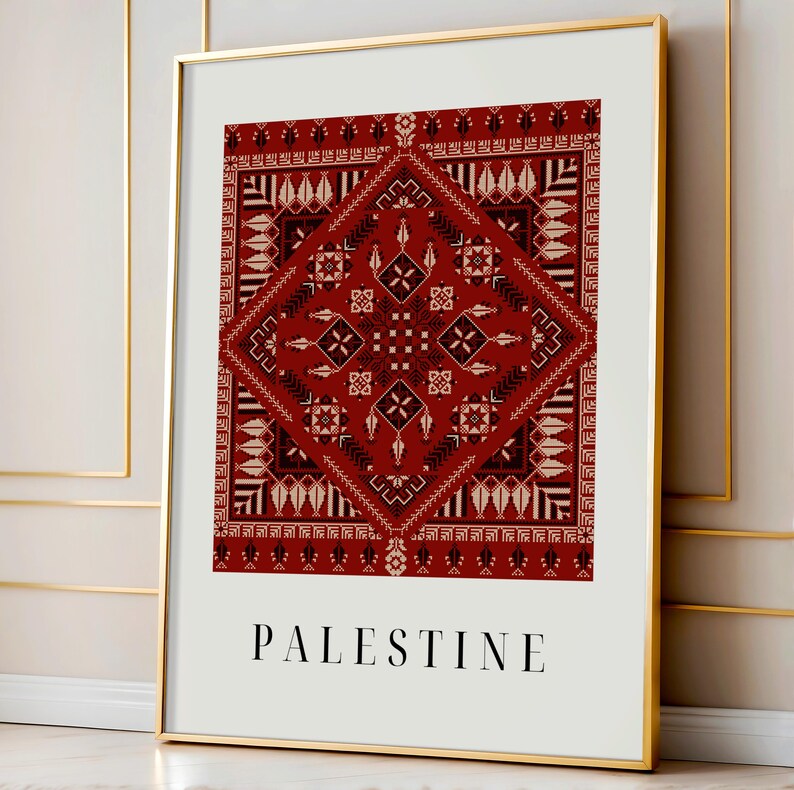 Digital wall art featuring a traditional Palestinian Tatreez embroidery pattern in vibrant red and black. The intricate geometric design symbolizes Palestinian cultural heritage, with the word "Palestine" elegantly displayed below.