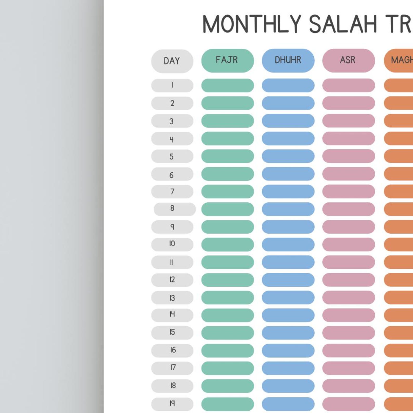 Monthly Salah Tracker Islamic Wall Art Prayer Tracker Printable Muslim ...