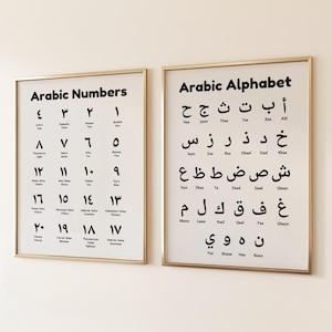 May include: Two framed educational posters with gold-colored frames. The left poster displays Arabic Numbers with numerals and English text. The right poster features the Arabic Alphabet with letters and their corresponding English transliterations.