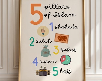 Könnte beinhalten: Ein gerahmter, lehrreicher Wandkunstdruck mit dem Titel 5 Pillars of Islam. Das Design zeigt bunte Zahlen von eins bis fünf, schwarzen kursiven Text für jede Säule und entsprechende Symbole wie einen Finger, einen Gebetsteppich, einen Beutel, einen Teller und die Kaaba.
