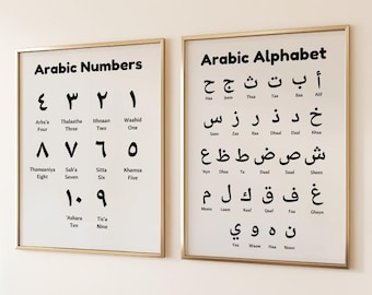 Arabic Alphabet And Arabic Numbers 1-10 In Black and White Digital Poster Printable Arabic Learning Wall Art Kids Educational Decor Set