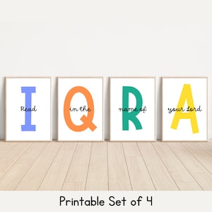 Iqra Islamic wall art printable set of 4 featuring the Quran verse Read in the name of your Lord with colorful lettering for Muslim home decor Islamic classroom posters and Islamic studies resources. Perfect for prayer corner wall art kids room decor and homeschool learning this digital Islamic art encourages a love of reading and faith. Instantly downloadable Islamic printable that is easy to frame and display making it an inspiring and meaningful gift for Muslims of all ages.