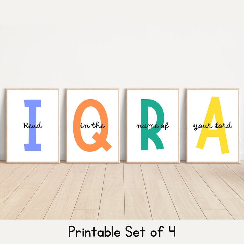 Iqra Islamic wall art printable set of 4 featuring the Quran verse Read in the name of your Lord with colorful lettering for Muslim home decor Islamic classroom posters and Islamic studies resources. Perfect for prayer corner wall art kids room decor and homeschool learning this digital Islamic art encourages a love of reading and faith. Instantly downloadable Islamic printable that is easy to frame and display making it an inspiring and meaningful gift for Muslims of all ages.