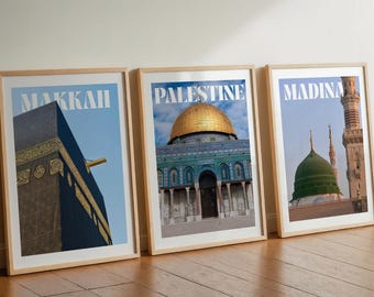 Makkah Madinah Palestine Wall Art Set Islamic Printable Poster Bundle Muslim Home Decor Kaaba Masjid Haram Mosque Wall Art Digital Download