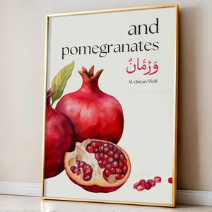 Islamic wall art set featuring Quran verse botanical prints of fig, olive, date palm, and pomegranate with Arabic calligraphy. Modern minimalist Muslim home décor printable bundle. Elegant Quran-inspired digital art perfect for living rooms, prayer spaces, or Islamic gifts. Arabic fruit illustration posters celebrating the beauty of Allah’s creation. Faith-based wall art set for modern Muslim households, Eid gifts, and spiritual interior design.
