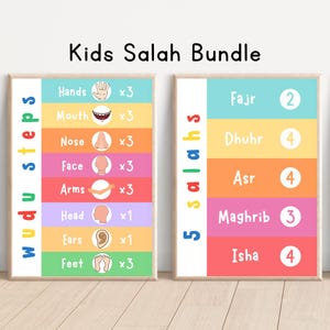 Ensemble d'affiches éducatives islamiques pour enfants étapes et 5 salahs Guide de Wudu imprimable coloré cinq prières quotidiennes oeuvre d'art mural islamique pour enfants musulmans