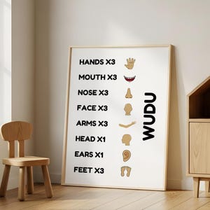 Wudu steps poster for kids featuring Islamic ablution guide with simple icons and repetition counts. Digital printable Islamic wall art for children. Perfect for Muslim kids learning wudu. Great for bathroom or prayer area decor. Minimalist and educational Muslim kids room print. Islamic homeschooling resource. Helps children memorize steps of making wudu easily. Printable wudu chart for Muslim parents and Islamic teachers.