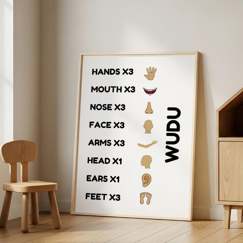Wudu steps poster for kids featuring Islamic ablution guide with simple icons and repetition counts. Digital printable Islamic wall art for children. Perfect for Muslim kids learning wudu. Great for bathroom or prayer area decor. Minimalist and educational Muslim kids room print. Islamic homeschooling resource. Helps children memorize steps of making wudu easily. Printable wudu chart for Muslim parents and Islamic teachers.