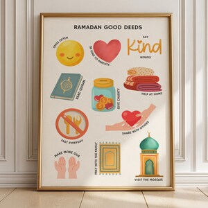Tabla imprimible de buenas acciones de Ramadán para niños, actividades de Ramadán, aprendizaje islámico, arte mural para niños musulmanes, lista de verificación de Ramadán, decoración del aula de Ramadán
