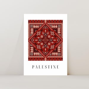 Digital wall art featuring a traditional Palestinian Tatreez embroidery pattern in vibrant red and black. The intricate geometric design symbolizes Palestinian cultural heritage, with the word "Palestine" elegantly displayed below.