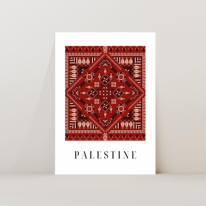 Digital wall art featuring a traditional Palestinian Tatreez embroidery pattern in vibrant red and black. The intricate geometric design symbolizes Palestinian cultural heritage, with the word "Palestine" elegantly displayed below.