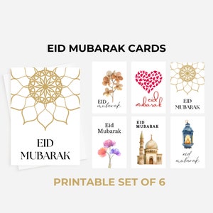 Cartões Eid Mubarak para impressão, conjunto de 6, 6 x 4 pol. - Cartões Eid minimalistas, cartões islâmicos, presentes Eid, decoração Eid, presente islâmico muçulmano