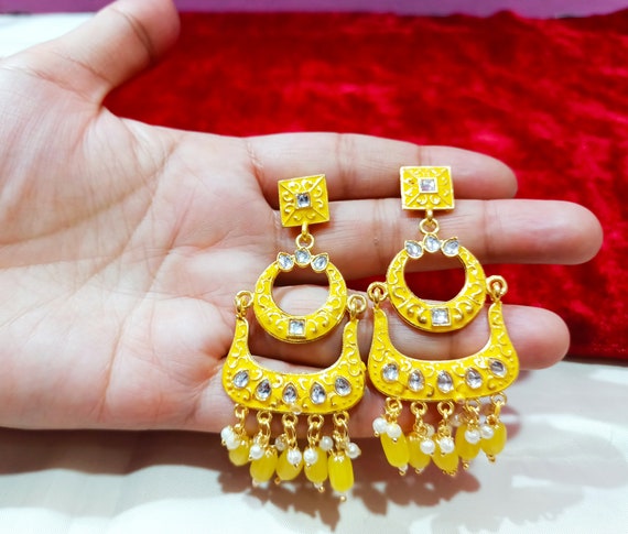 Indian Kundan Earrings Yellow Meenakari Pearls Chand Bali Gold