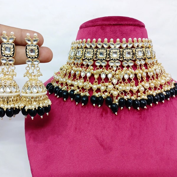 Indian Kundan Necklace Bridal Necklace Choker Set Tikka Earrings Jhumki Wedding Necklace Black Meenakari Choker Jewelry Party Wear Jewelry