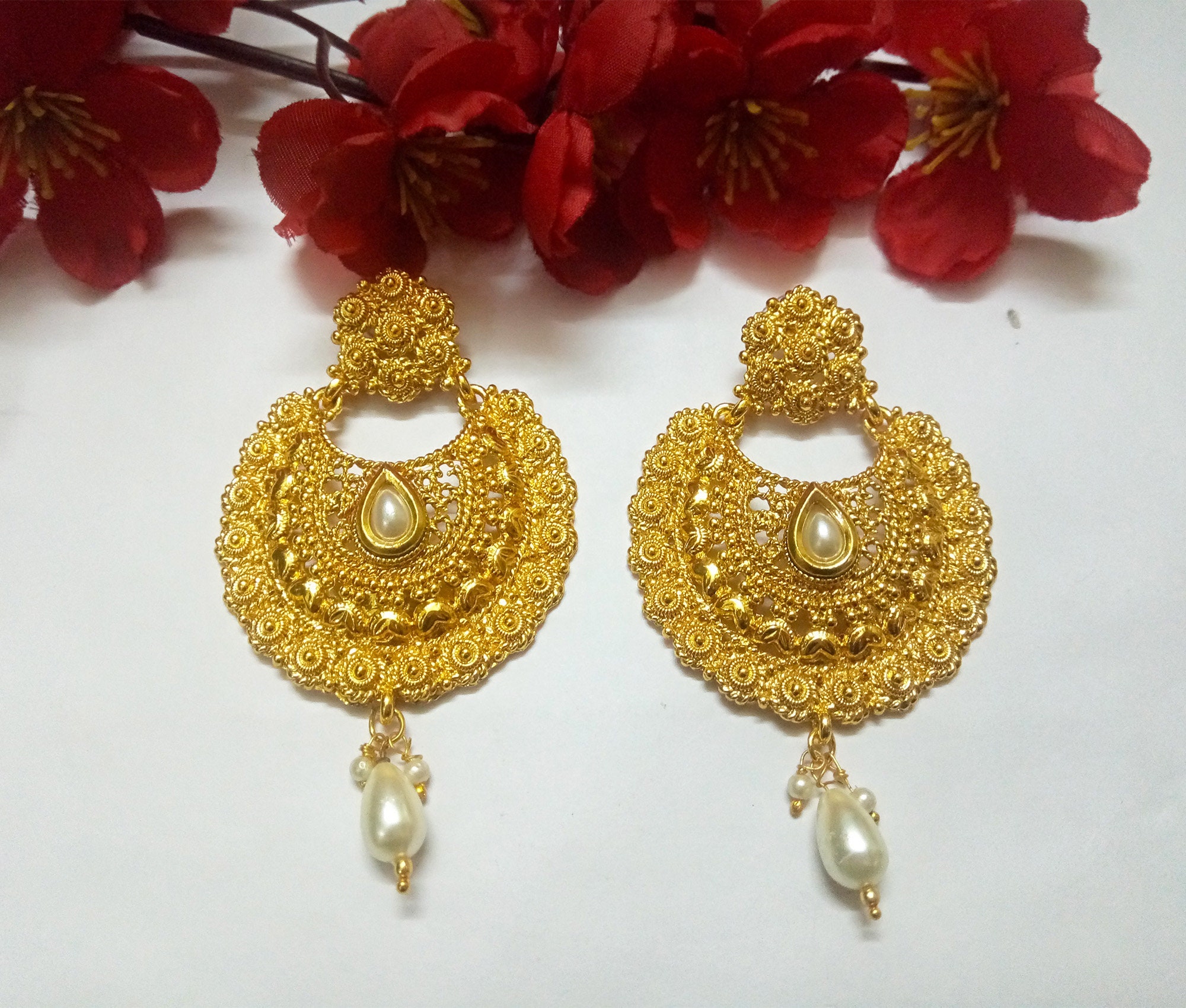 Gold Plated Pearls Earrings Indian Polki Earrings Chand Bali Wedding Bridal Jewelry Party Wear Handmade Fashion Jewelry Pakistani Jewelry