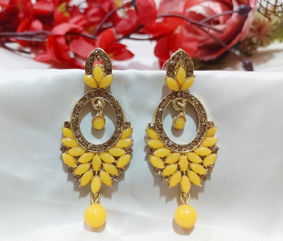 Yellow Color Minakari Stone Jhumka - South India Jewels