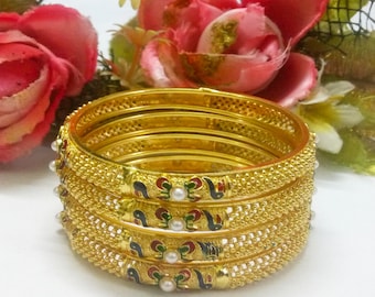 Gold Plated Indian Bangles: Meenakari Peacock Bridal Jewelry