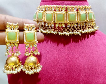 Mint Green Kundan Choker & Jhumki Earrings: Indian Jewelry Set