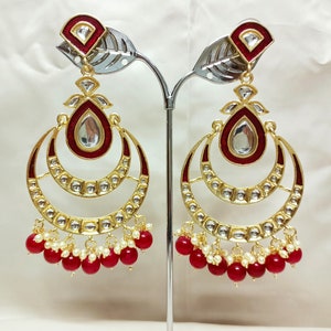 Orecchini da sposa rossi Kundan Chand Bali Set Perle Perline Jhumki Jhumka Orecchini da sposa placcati oro Orecchini pakistani Orecchini indiani Gioielli