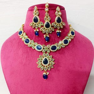 Indian Kundan Necklace Bridal Blue Necklace Choker Jewelry Long Earrings With Tikka Punjabi Wedding Necklace Party Wear Statement Jewelry