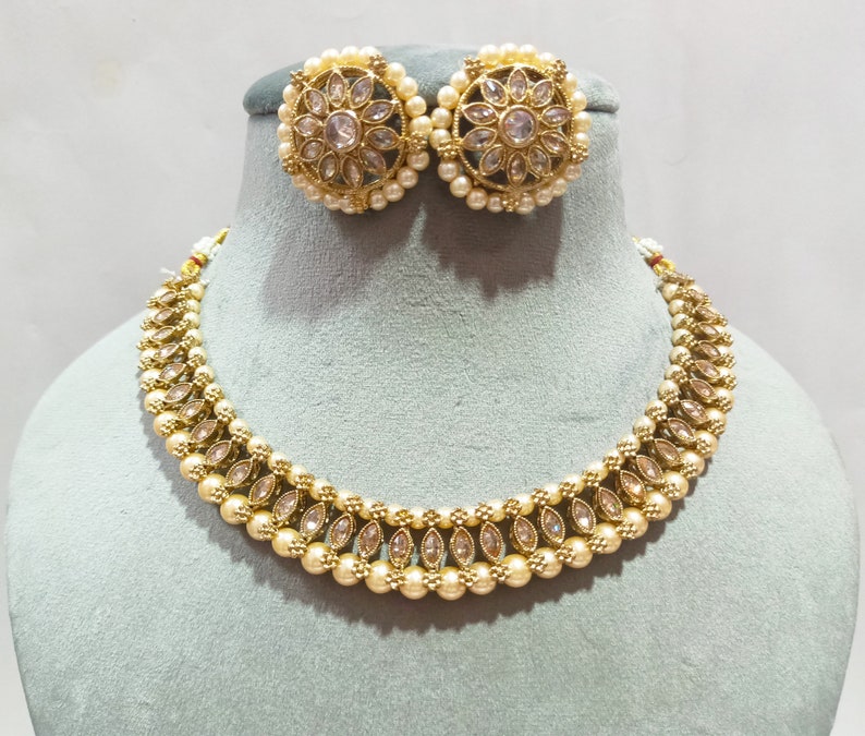 Indian CZ Choker Necklace Set Bridal Necklace Champagne Pearl Etsy