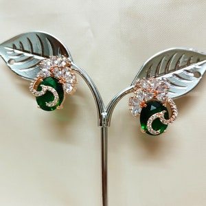 American Diamonds Earrings Studs Green Emerald Earrings Party Wear Rose Gold Plated CZ Studs Engagement Earrings Jewelry Indian Earrings Set