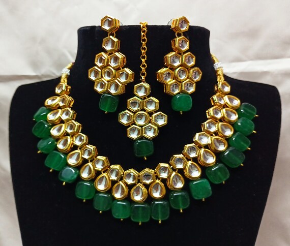 giftsindianjewelry Bridal Kundan Necklace Choker Earrings Maang Tikka Set Indian Necklace Set Green Beads Meenakari Jewelry Wedding Punjabi Necklace Jewelry