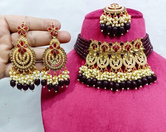 Red Maroon Bridal Choker Necklace Set: Indian Pakistani Pearl Jewelry