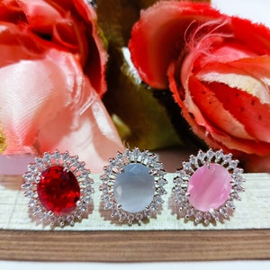 925 Sterling Silver CZ Diamonds Earrings Red Grey Pink CZ Earrings Party Wear Earrings Indian CZ Earrings Bridesmaid Wedding Earrings Gift