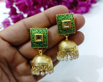 Green Meenakari Kundan Jhumka Earrings: Gold Plated Indian Jewelry
