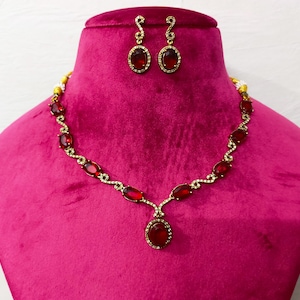 Conjunto de collar y pendientes de novia con rubí rojo CZ, joyería india