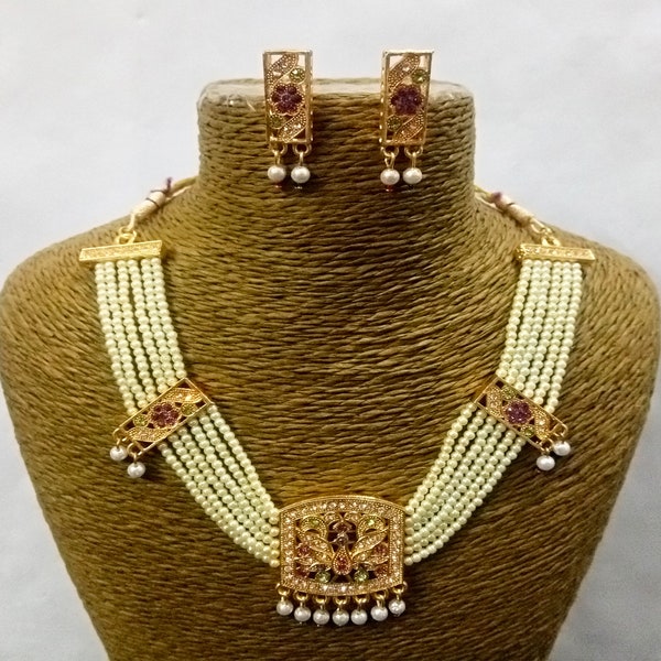 Indian Jadau Necklace Earrings Pearls Hyderabadi Choker Set Wedding Bridal CZ Gold Plated Jewelry Handmade Statement Fashion Party Wear Set
