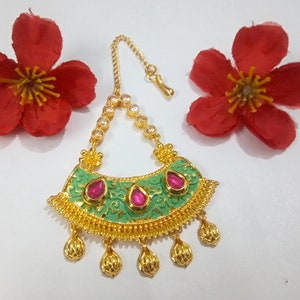 Traditional Green Meenakari Bridal Passa CZ Head Piece Gold Plated Jewelry Wedding Side Passa Women Party Wear Jewelry Indian Jewelry