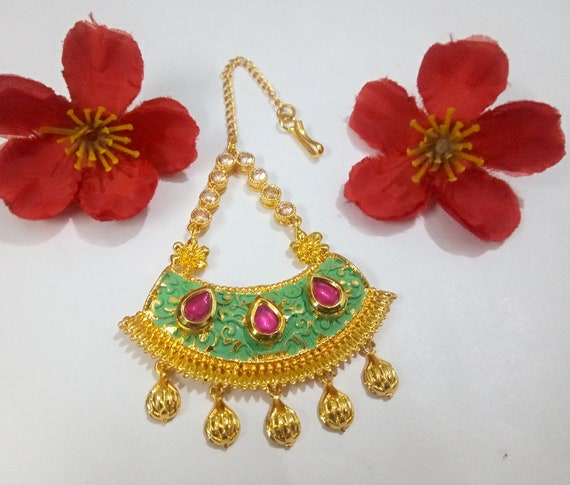 Green Meenakari Bridal Passa: CZ Gold Plated Indian Head  display picture 2